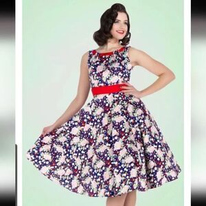 Heart & Roses Connie Floral Retro Swing Dress in Dark Blue